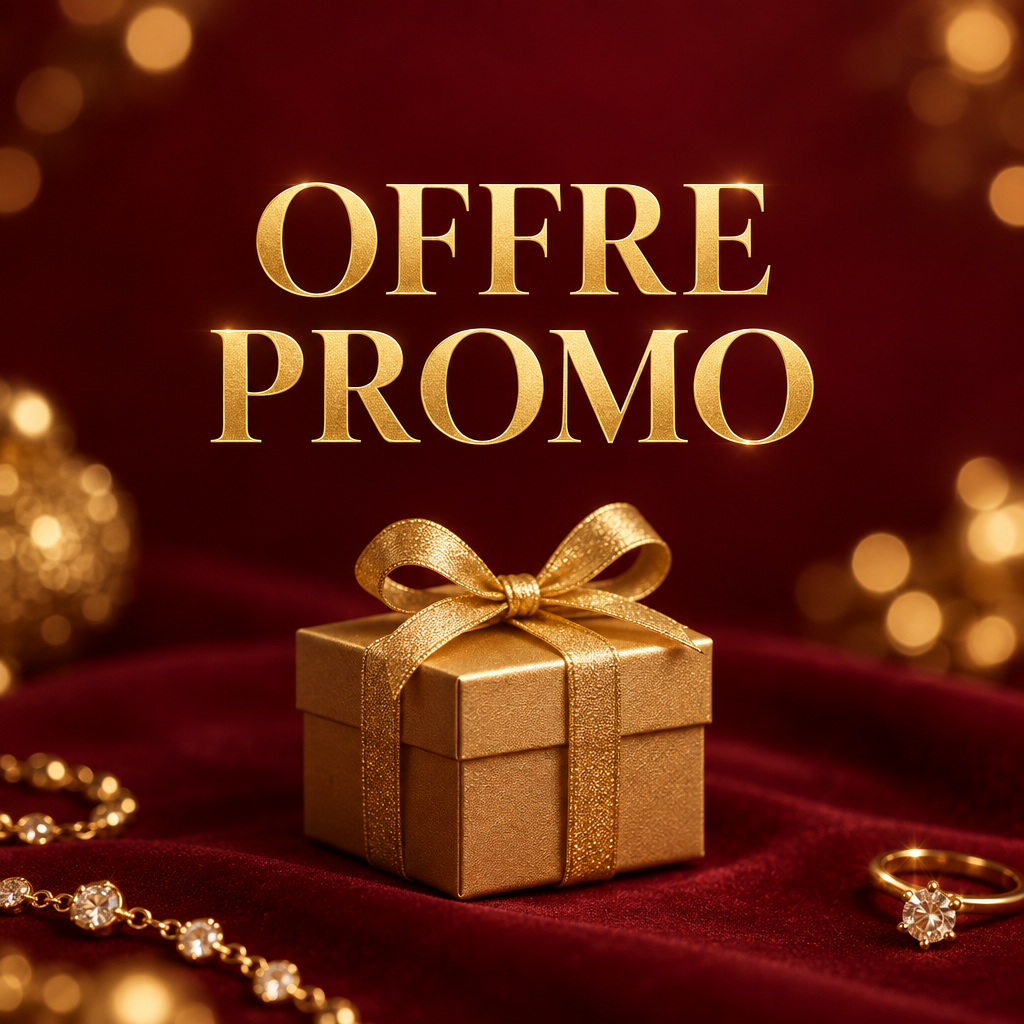 Bannière OFFRE PROMO carrée, fond bordeaux, paquet cadeau doré