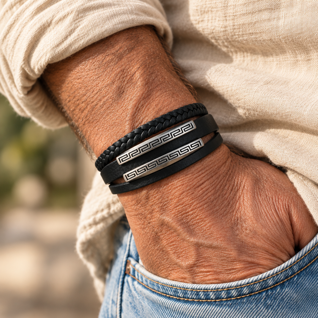 Bracelet homme Ares en cuir noir tressé et acier inoxydable 316L avec détails géométriques argentés, porté au poignet