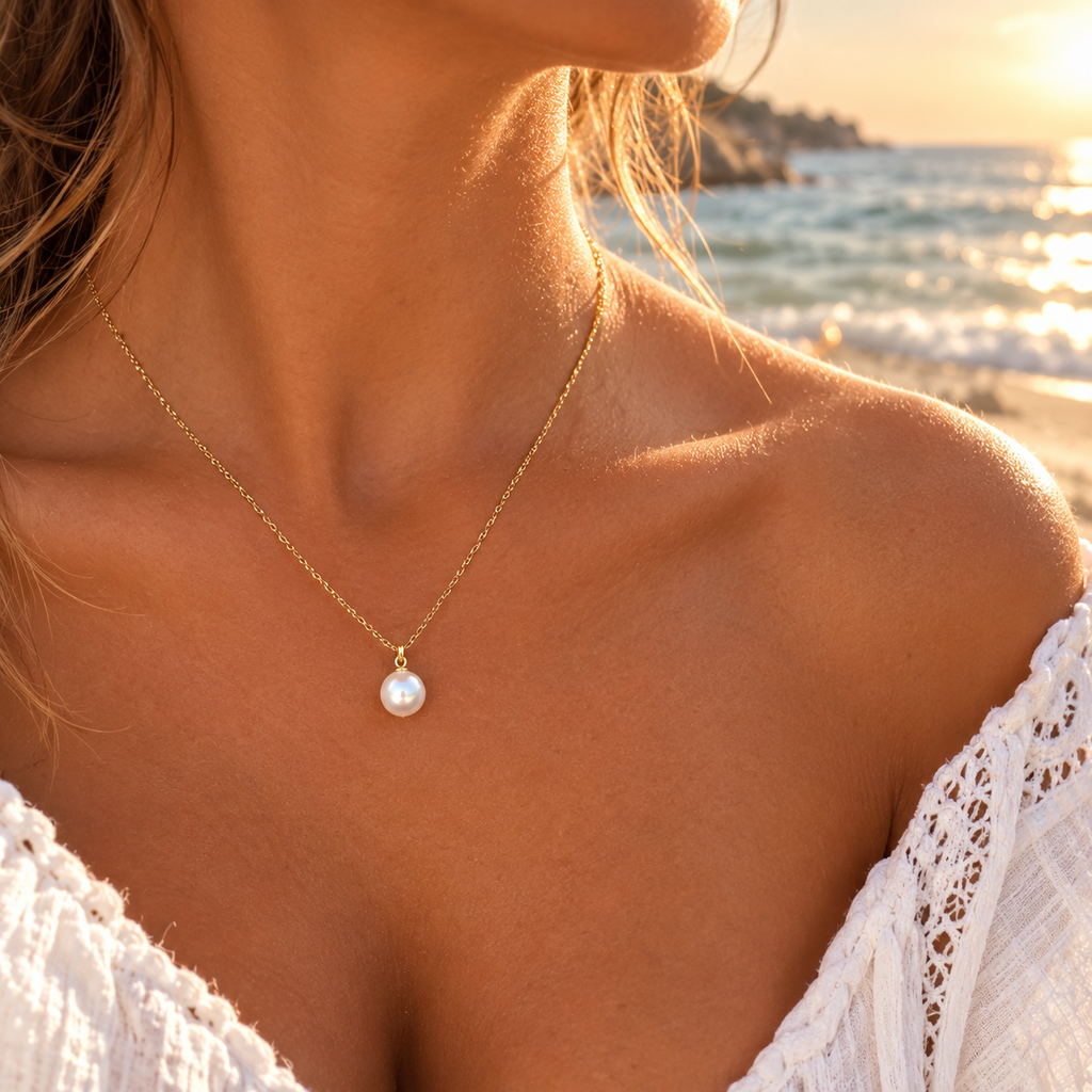 Collier Tess doré en acier inoxydable 316L avec perle blanche, porté au cou