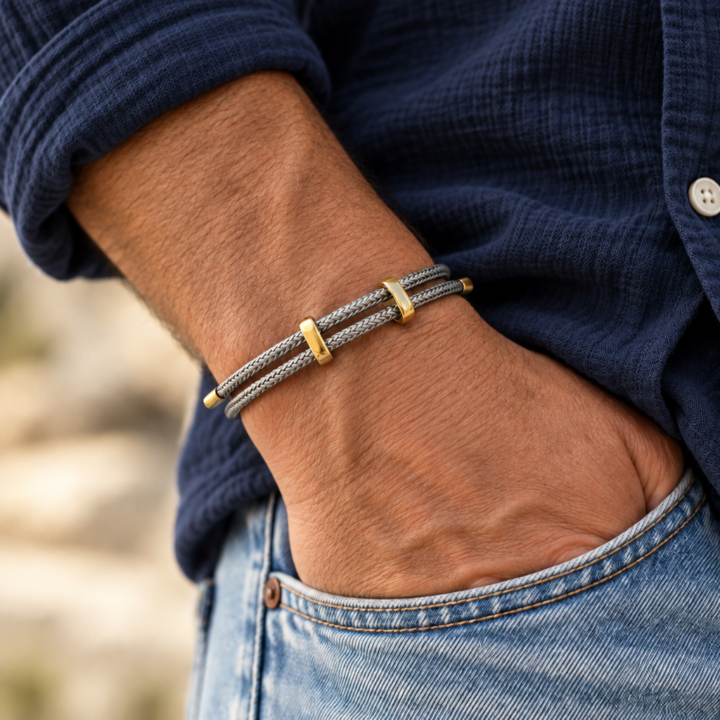 Bracelet homme Coros en acier inoxydable 316L avec cordons tressés argentés et détails dorés, porté au poignet