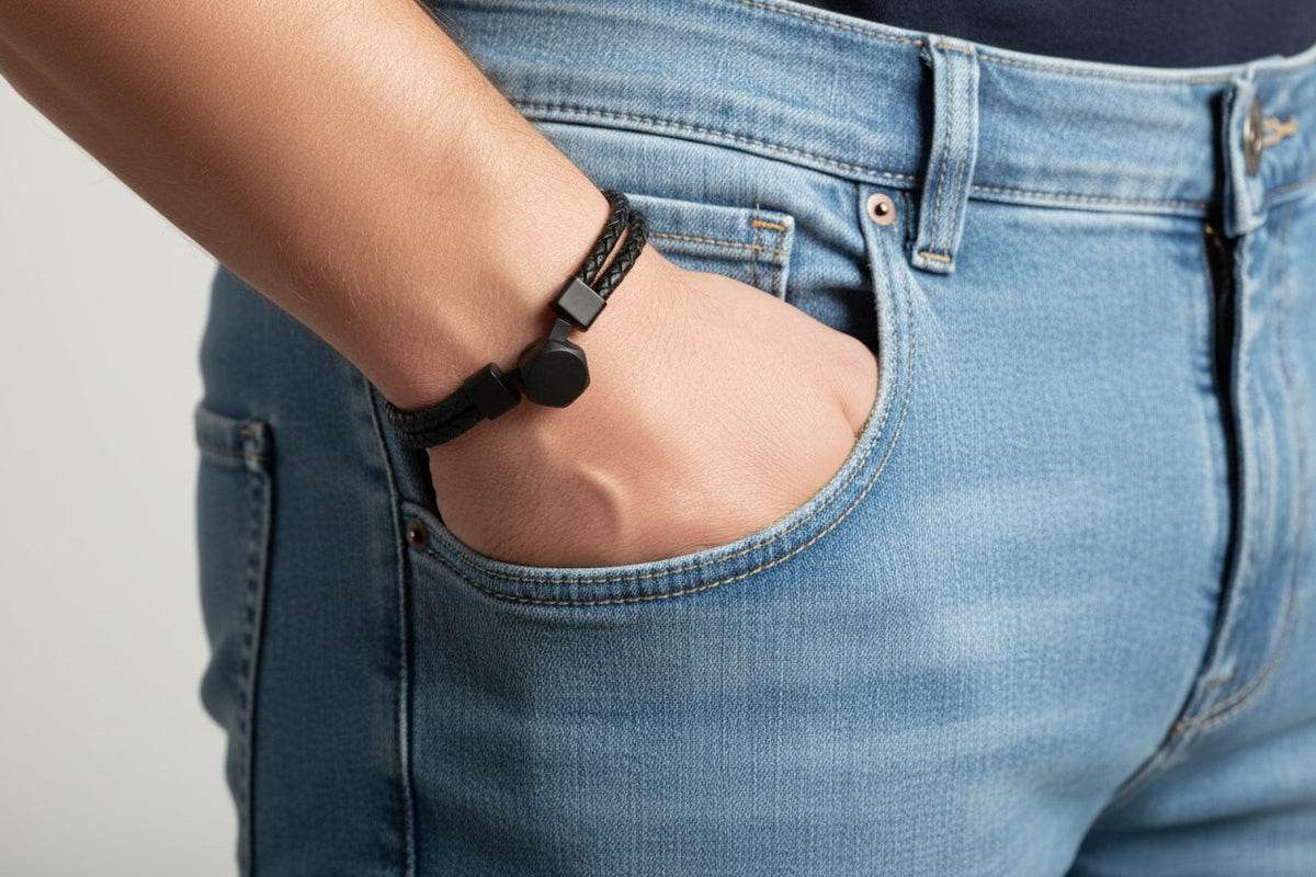 Bracelet Atlas homme en cuir noir et acier inoxydable 316L porté au poignet avec un jean