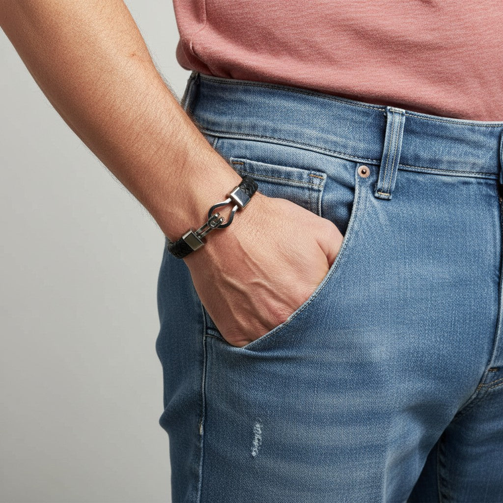 Bracelet homme Swann en cuir tressé noir avec attache frontale en acier inoxydable 316L porté au poignet