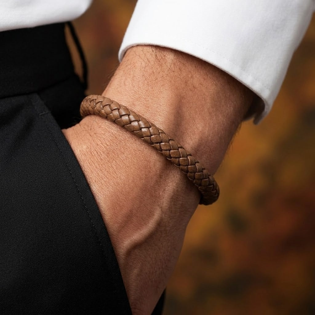 Bracelet homme Eos en cuir tressé marron vu en gros plan au poignet