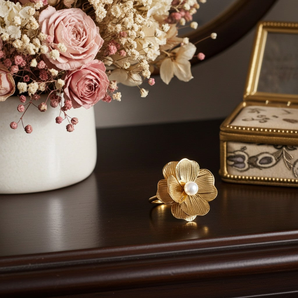 Bague Flora – Doré & Perle