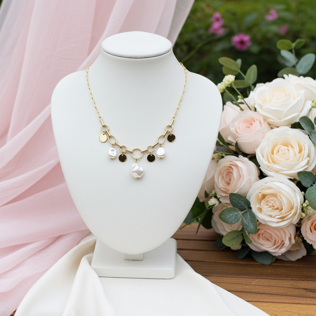 Collier Vaya doré à maillons avec médaillons martelés et perles blanches présenté sur un buste blanc entouré de fleurs roses et blanches