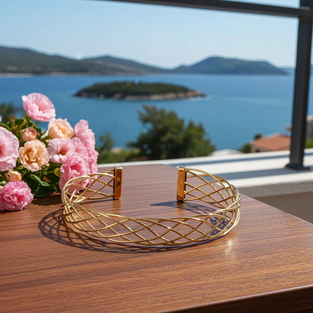Jonc Lily doré posé sur terrasse avec vue mer et fleurs roses – FLIDEA Jewelry