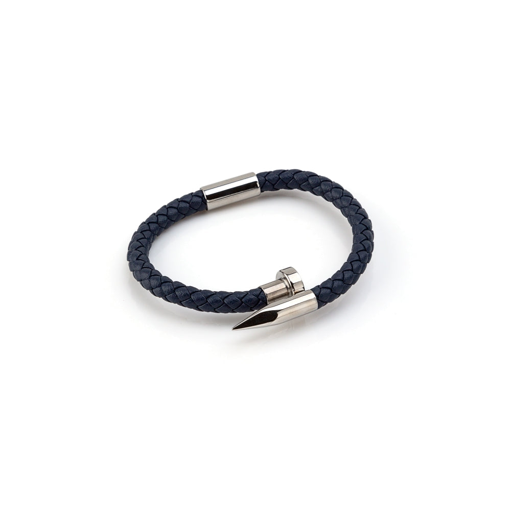 Bracelet homme Socoa en cuir tressé bleu marine avec motif clou et fermoir aimanté en acier inoxydable 316L