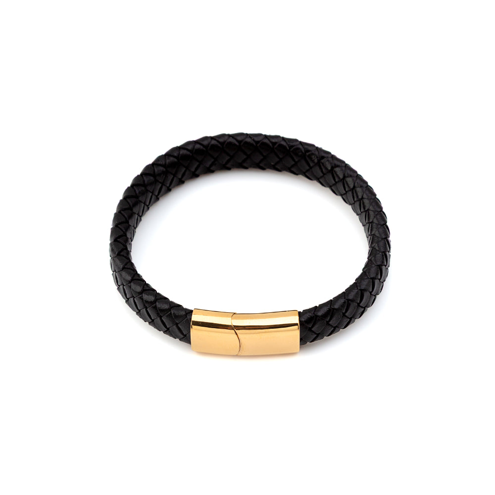 Bracelet homme Volt en cuir tressé noir avec fermoir aimanté doré en acier inoxydable 316L